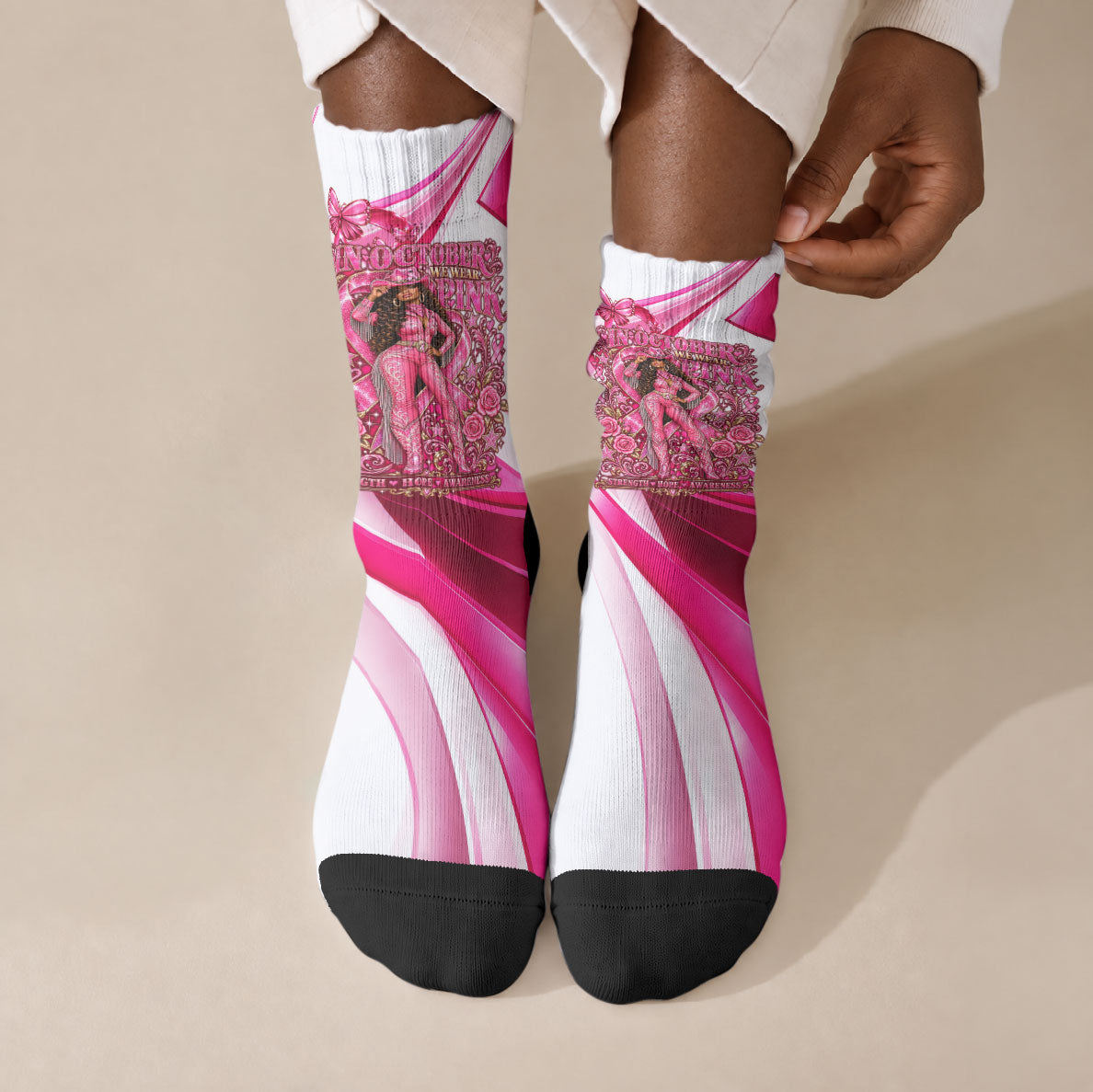 Black Cowgirl Breast Cancer Awareness Crew Socks Western Pink Ribbon Butterfly Rose - In October We Wear Pink
