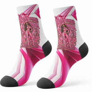 Black Cowgirl Breast Cancer Awareness Crew Socks Western Pink Ribbon Butterfly Rose - In October We Wear Pink