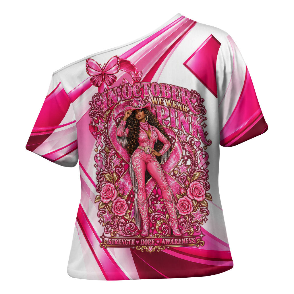 Black Cowgirl Breast Cancer Awareness Cross Shoulder Shirt Western Pink Ribbon Butterfly Rose - In October We Wear Pink