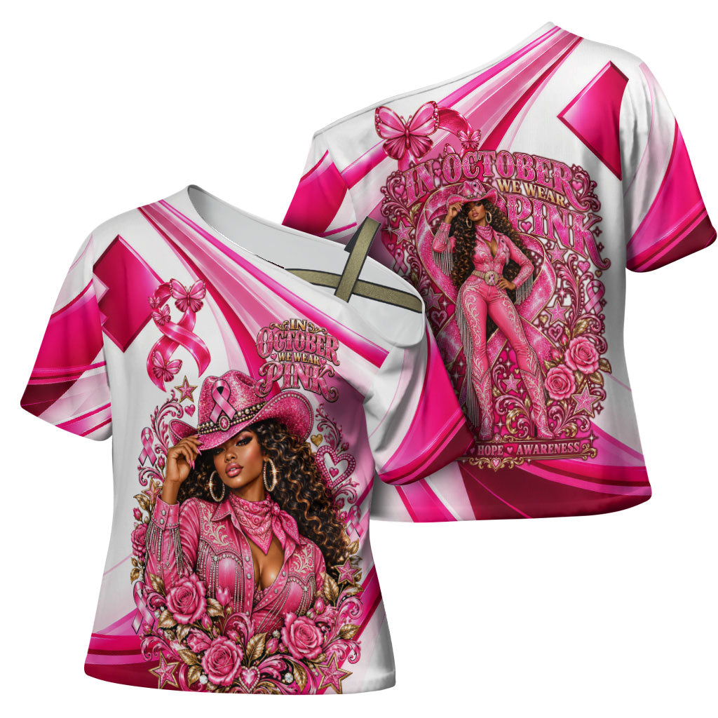 Black Cowgirl Breast Cancer Awareness Cross Shoulder Shirt Western Pink Ribbon Butterfly Rose - In October We Wear Pink