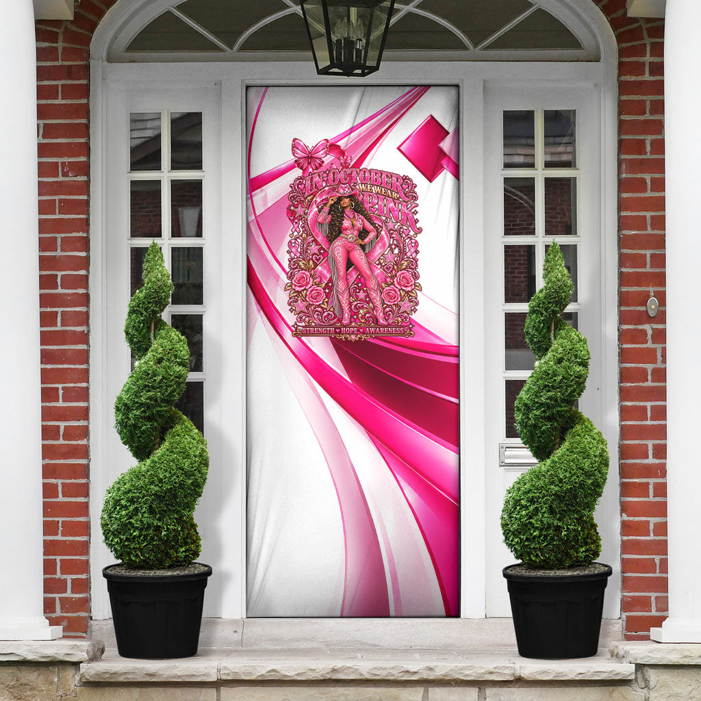 Black Cowgirl Breast Cancer Awareness Door Cover Western Pink Ribbon Butterfly Rose - In October We Wear Pink