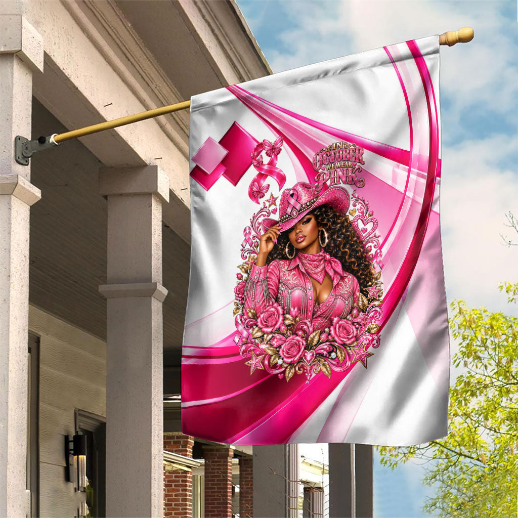 Black Cowgirl Breast Cancer Awareness Garden Flag Western Pink Ribbon Butterfly Rose - In October We Wear Pink