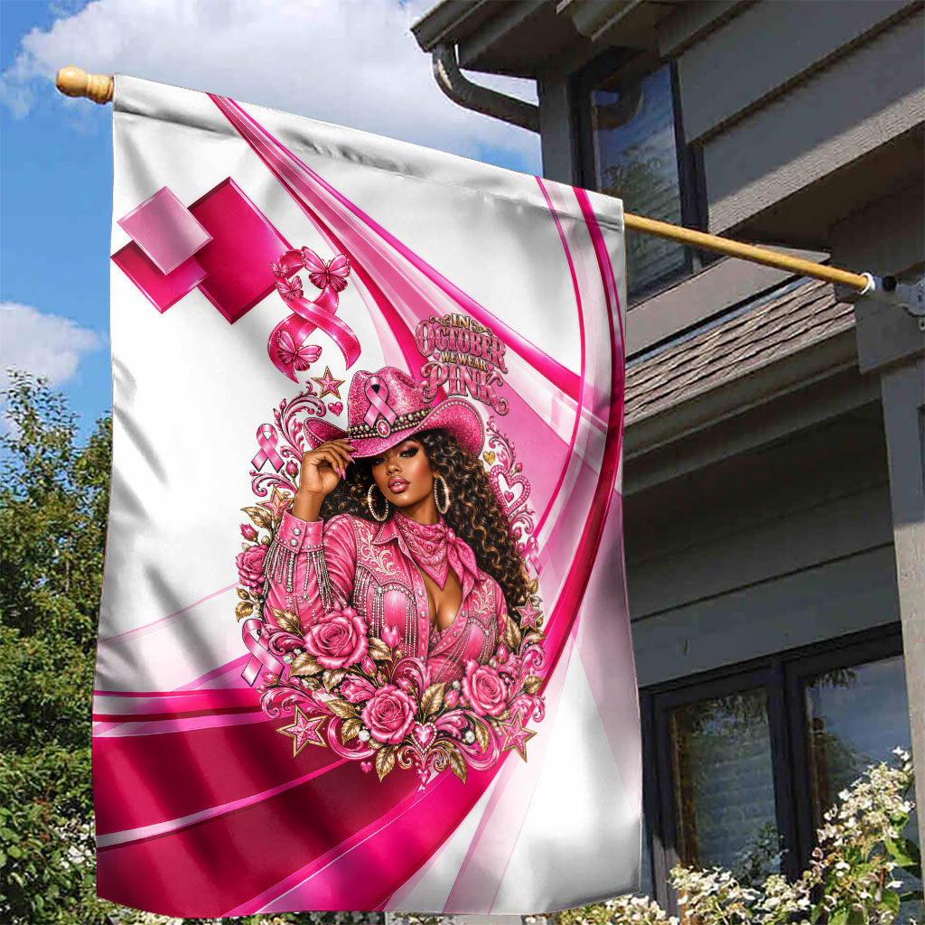 Black Cowgirl Breast Cancer Awareness Garden Flag Western Pink Ribbon Butterfly Rose - In October We Wear Pink