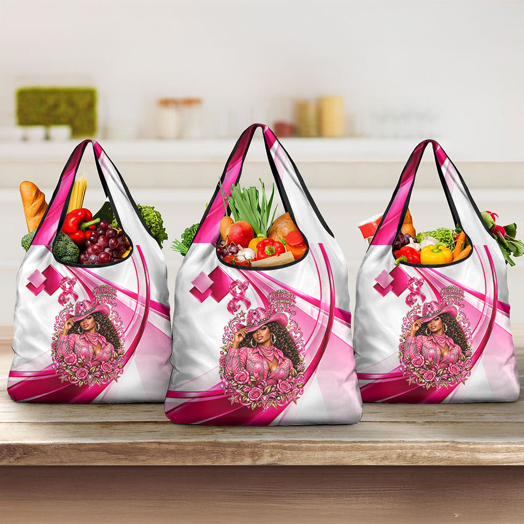 Black Cowgirl Breast Cancer Awareness Grocery Bag Western Pink Ribbon Butterfly Rose - In October We Wear Pink