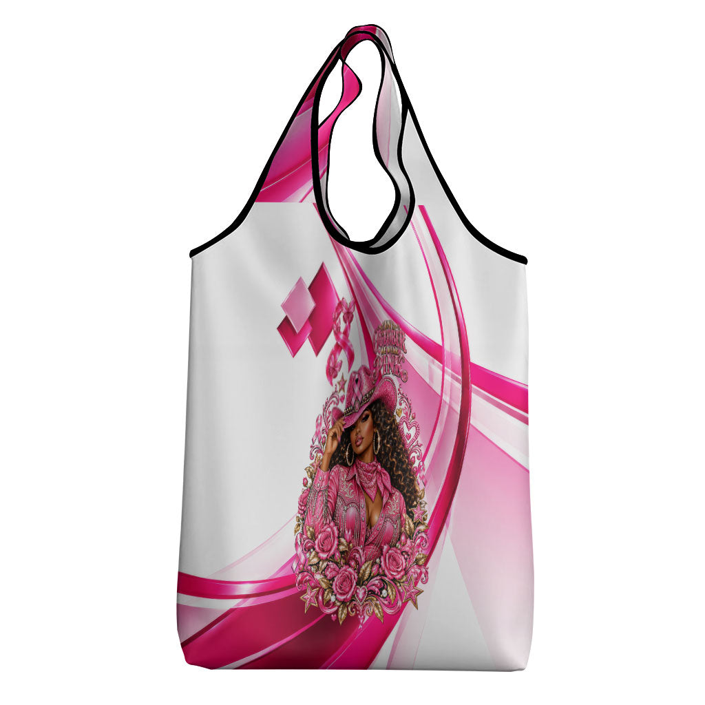Black Cowgirl Breast Cancer Awareness Grocery Bag Western Pink Ribbon Butterfly Rose - In October We Wear Pink