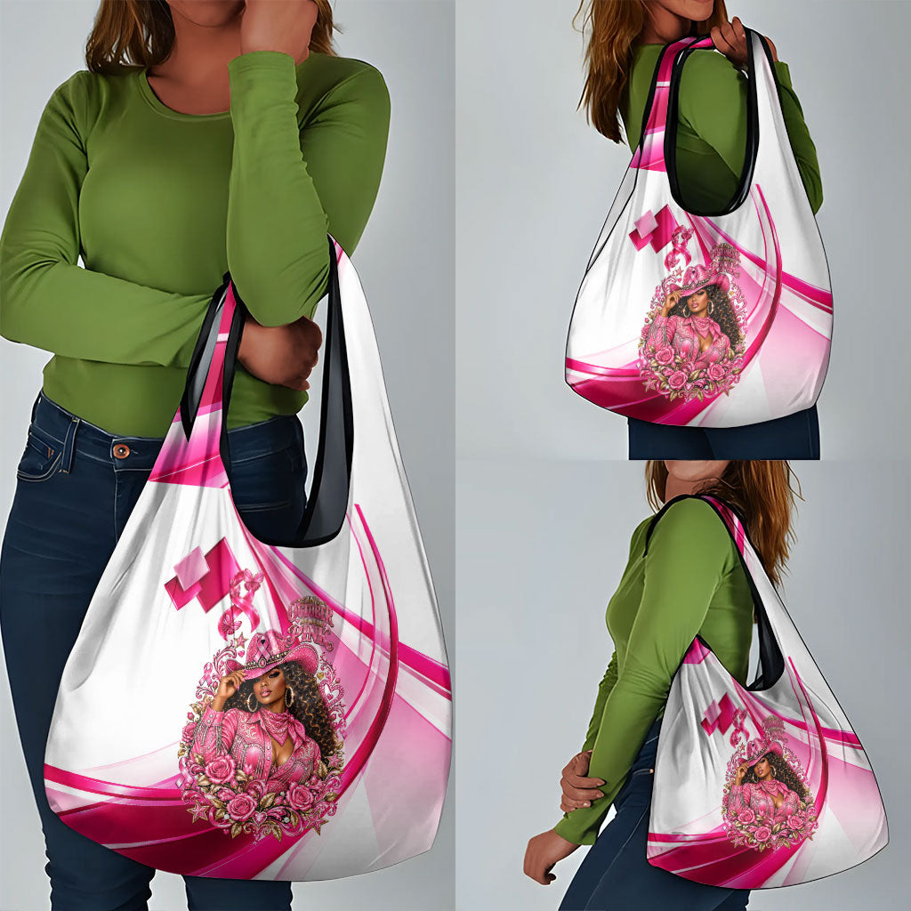 Black Cowgirl Breast Cancer Awareness Grocery Bag Western Pink Ribbon Butterfly Rose - In October We Wear Pink