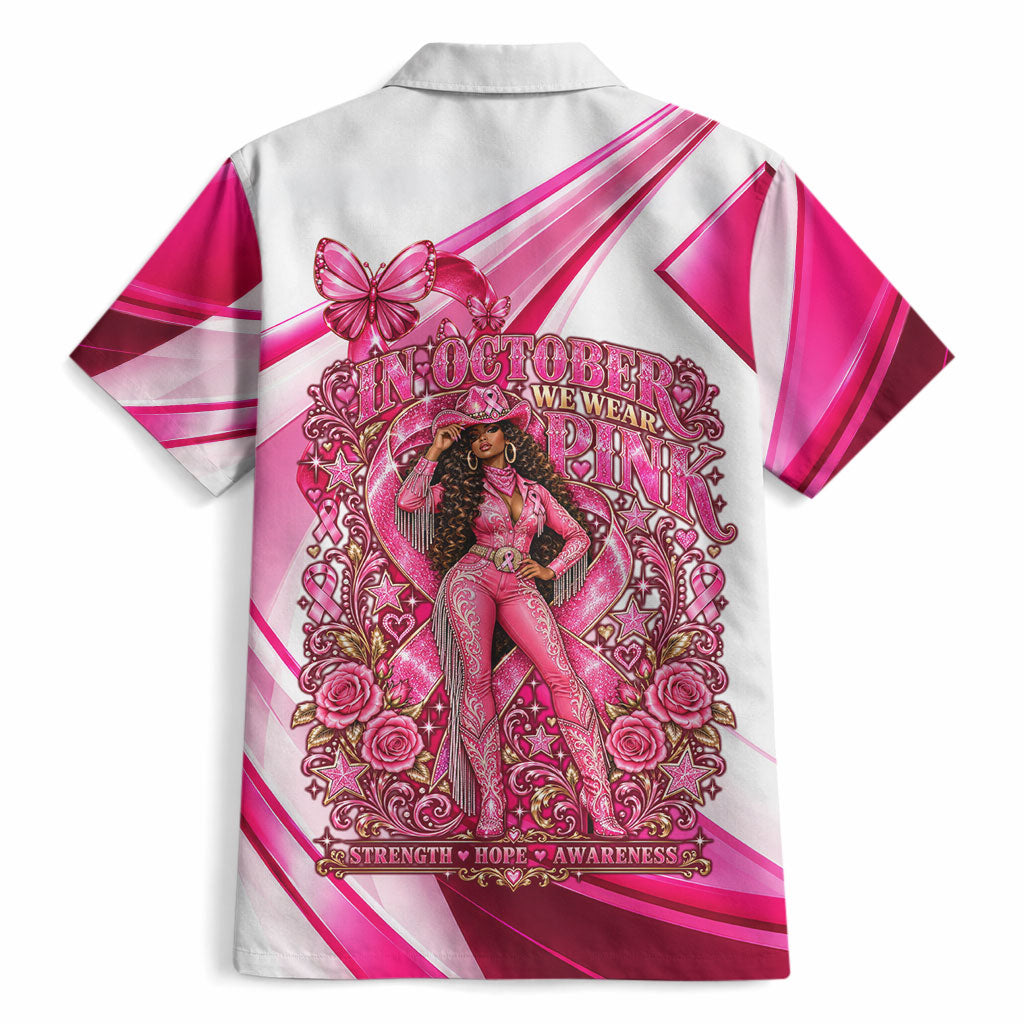 Black Cowgirl Breast Cancer Awareness Hawaiian Shirt Western Pink Ribbon Butterfly Rose - In October We Wear Pink