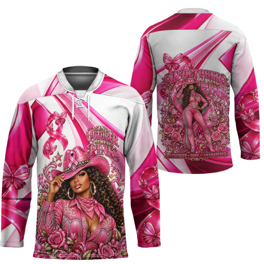 Black Cowgirl Breast Cancer Awareness Hockey Jersey Western Pink Ribbon Butterfly Rose - In October We Wear Pink