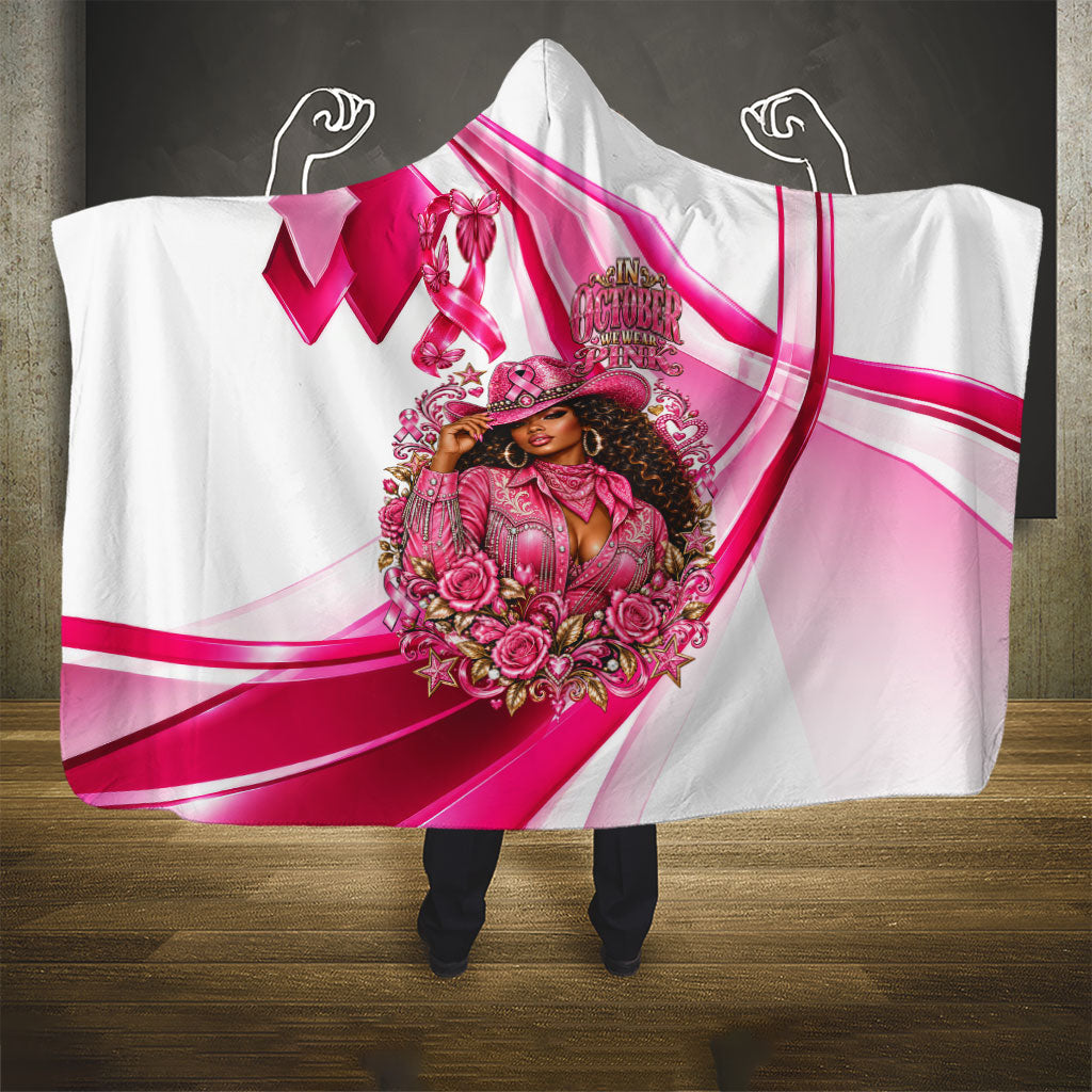 Black Cowgirl Breast Cancer Awareness Hooded Blanket Western Pink Ribbon Butterfly Rose - In October We Wear Pink