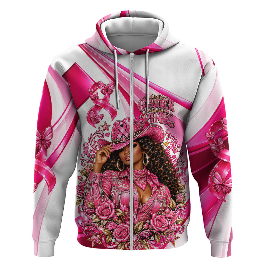 Black Cowgirl Breast Cancer Awareness Hoodie Western Pink Ribbon Butterfly Rose - In October We Wear Pink