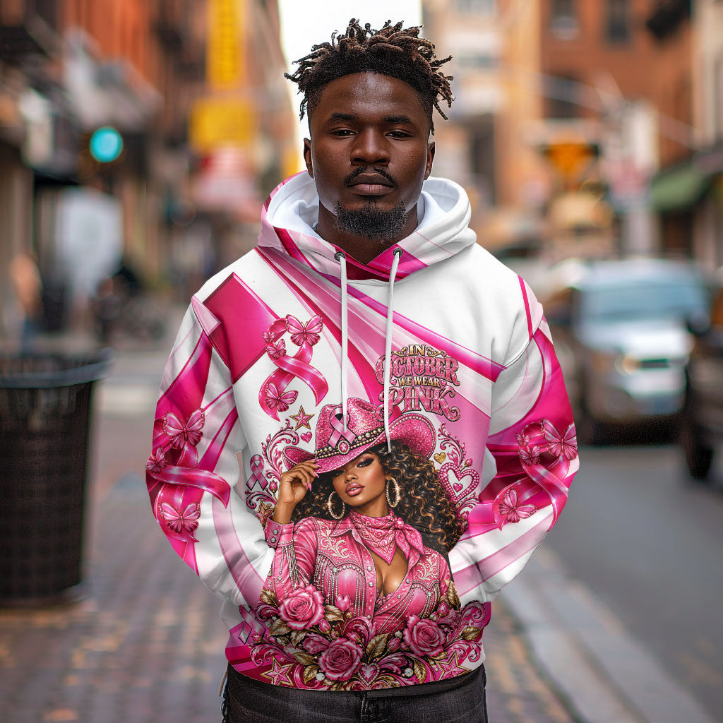 Black Cowgirl Breast Cancer Awareness Hoodie Western Pink Ribbon Butterfly Rose - In October We Wear Pink