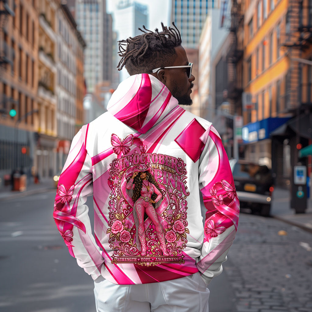 Black Cowgirl Breast Cancer Awareness Hoodie Western Pink Ribbon Butterfly Rose - In October We Wear Pink