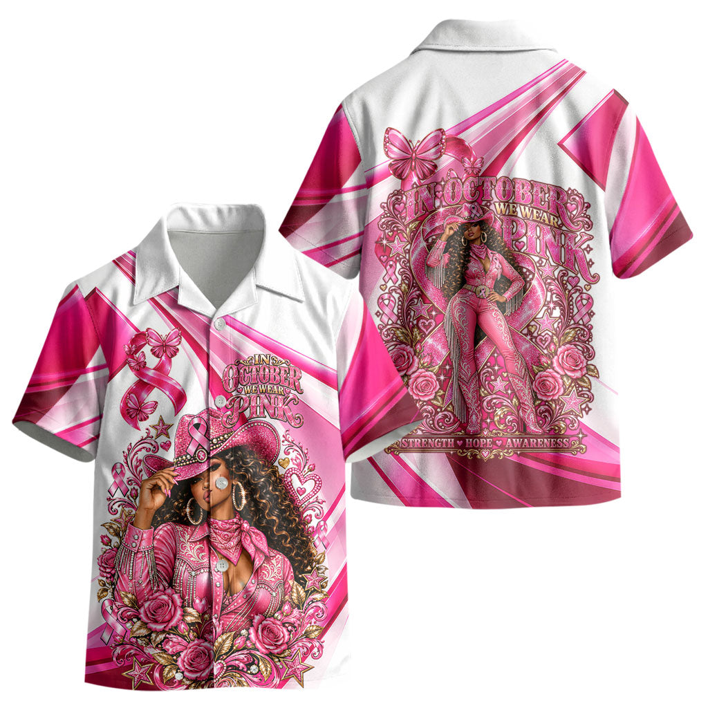 Black Cowgirl Breast Cancer Awareness Kid Hawaiian Shirt Western Pink Ribbon Butterfly Rose - In October We Wear Pink