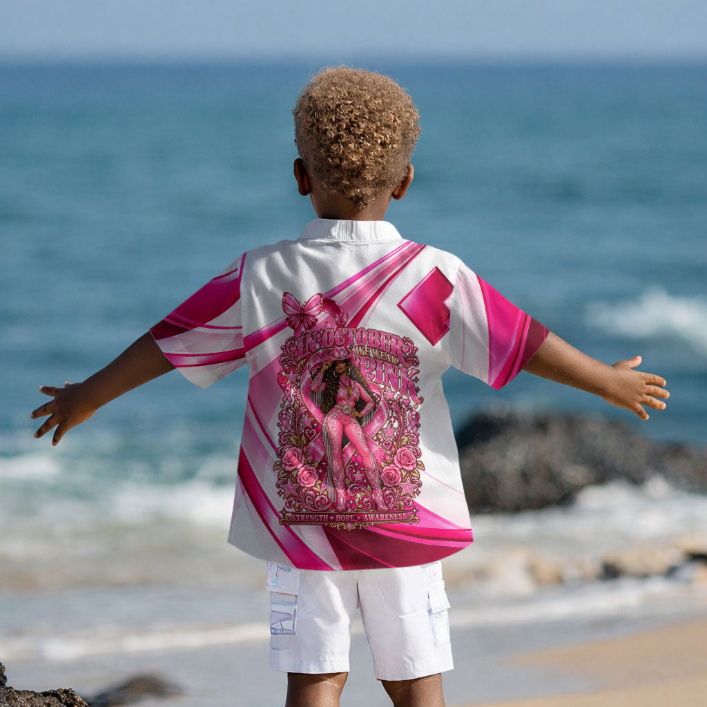 Black Cowgirl Breast Cancer Awareness Kid Hawaiian Shirt Western Pink Ribbon Butterfly Rose - In October We Wear Pink