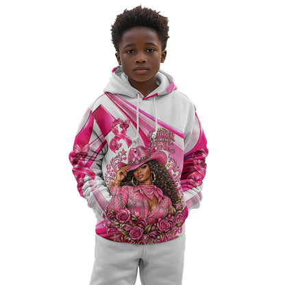 Black Cowgirl Breast Cancer Awareness Kid Hoodie Western Pink Ribbon Butterfly Rose - In October We Wear Pink