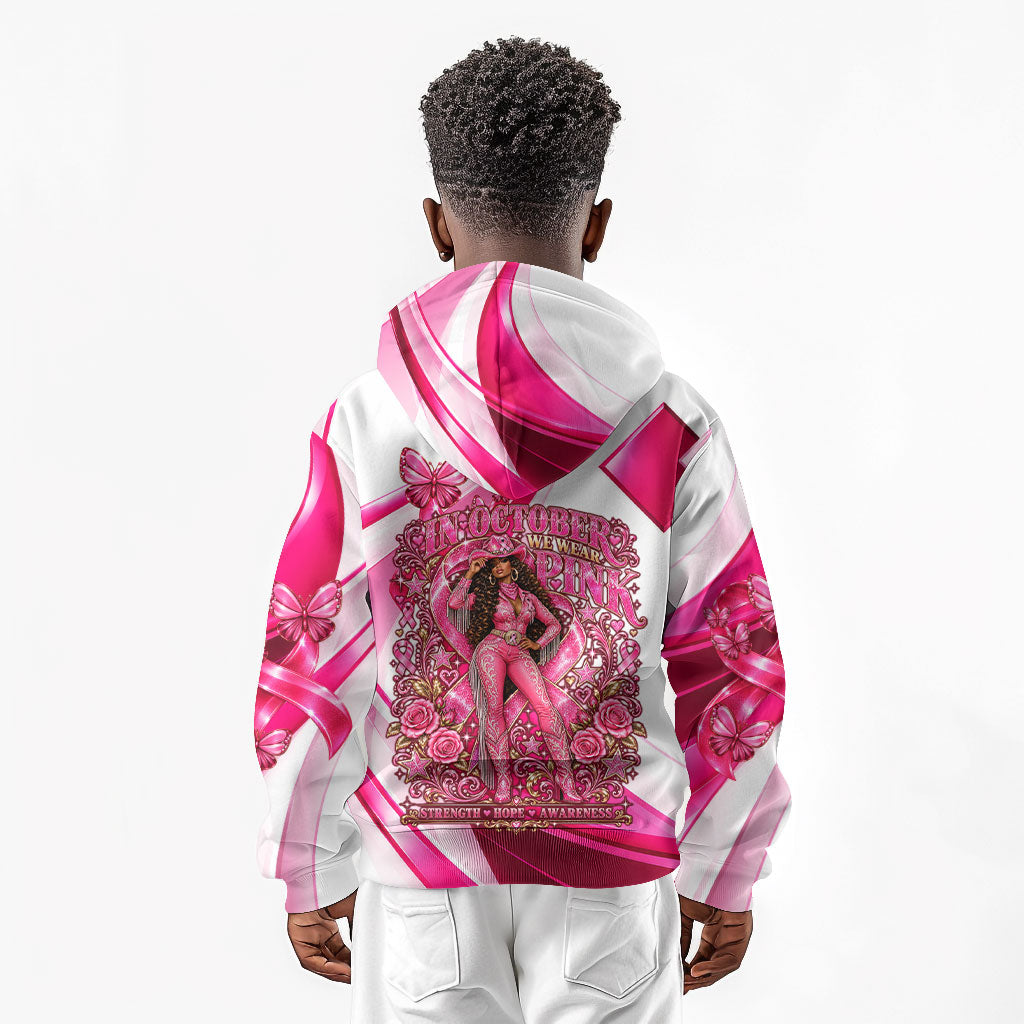 Black Cowgirl Breast Cancer Awareness Kid Hoodie Western Pink Ribbon Butterfly Rose - In October We Wear Pink
