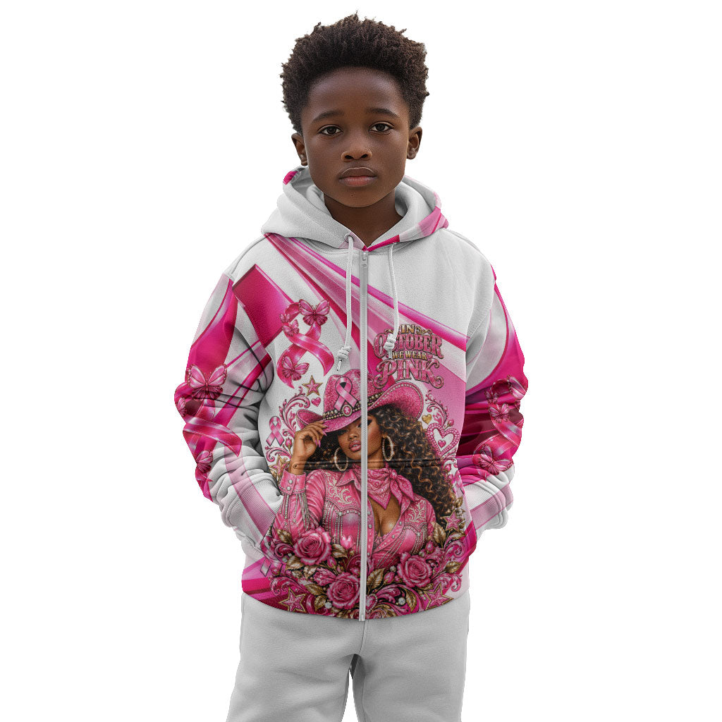 Black Cowgirl Breast Cancer Awareness Kid Hoodie Western Pink Ribbon Butterfly Rose - In October We Wear Pink