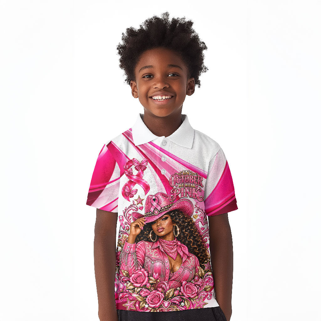 Black Cowgirl Breast Cancer Awareness Kid Polo Shirt Western Pink Ribbon Butterfly Rose - In October We Wear Pink