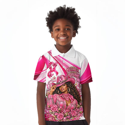 Black Cowgirl Breast Cancer Awareness Kid Polo Shirt Western Pink Ribbon Butterfly Rose - In October We Wear Pink