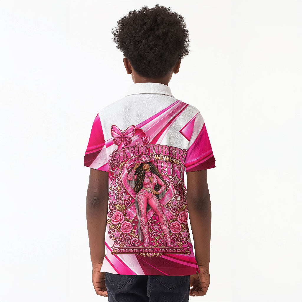 Black Cowgirl Breast Cancer Awareness Kid Polo Shirt Western Pink Ribbon Butterfly Rose - In October We Wear Pink