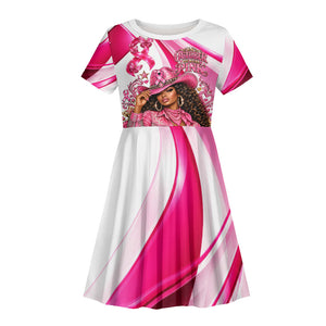 Black Cowgirl Breast Cancer Awareness Kid Short Sleeve Dress Western Pink Ribbon Butterfly Rose - In October We Wear Pink
