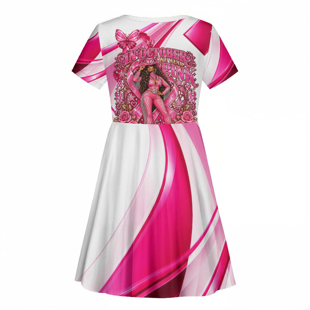 Black Cowgirl Breast Cancer Awareness Kid Short Sleeve Dress Western Pink Ribbon Butterfly Rose - In October We Wear Pink