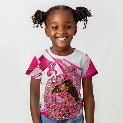 Black Cowgirl Breast Cancer Awareness Kid T shirt Western Pink Ribbon Butterfly Rose - In October We Wear Pink