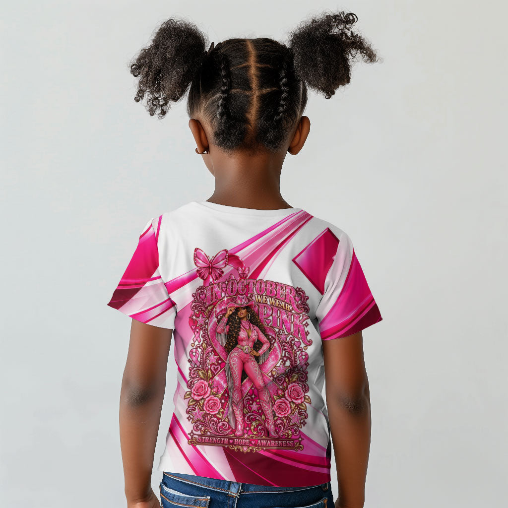 Black Cowgirl Breast Cancer Awareness Kid T shirt Western Pink Ribbon Butterfly Rose - In October We Wear Pink