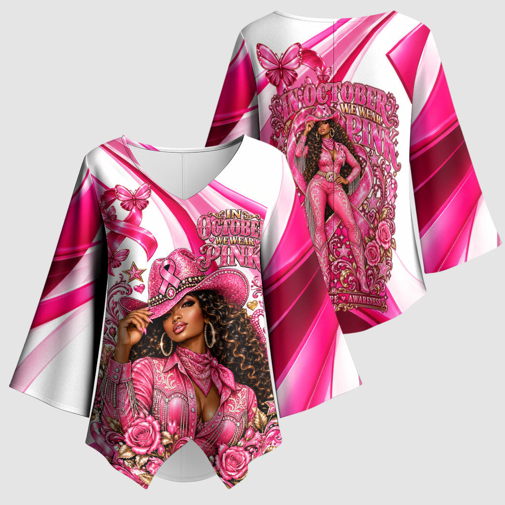 Black Cowgirl Breast Cancer Awareness Kimono Sleeve Blouse Western Pink Ribbon Butterfly Rose - In October We Wear Pink