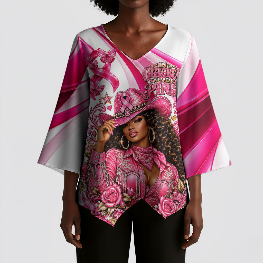 Black Cowgirl Breast Cancer Awareness Kimono Sleeve Blouse Western Pink Ribbon Butterfly Rose - In October We Wear Pink