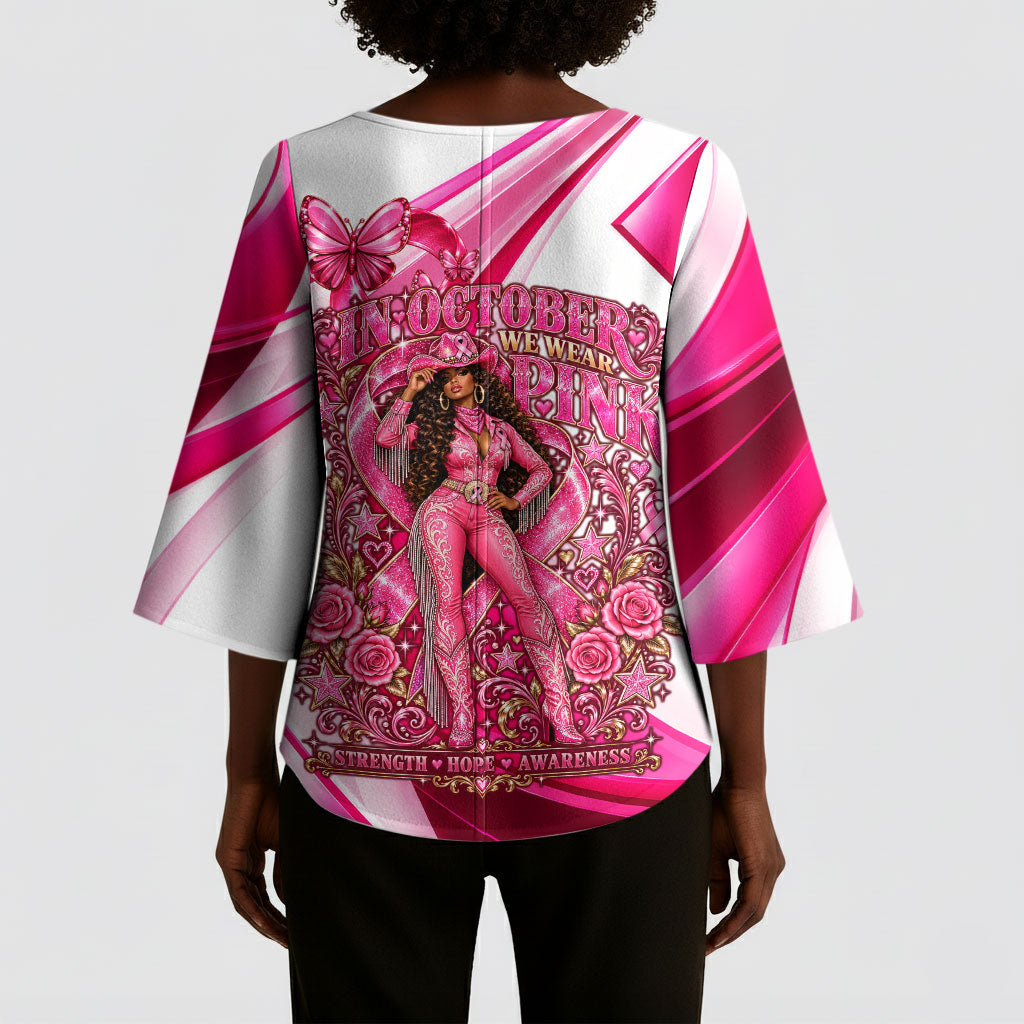 Black Cowgirl Breast Cancer Awareness Kimono Sleeve Blouse Western Pink Ribbon Butterfly Rose - In October We Wear Pink