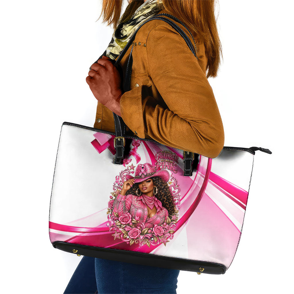 Black Cowgirl Breast Cancer Awareness Leather Tote Bag Western Pink Ribbon Butterfly Rose - In October We Wear Pink