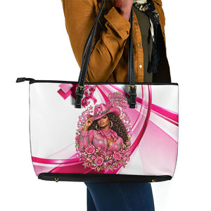 Black Cowgirl Breast Cancer Awareness Leather Tote Bag Western Pink Ribbon Butterfly Rose - In October We Wear Pink