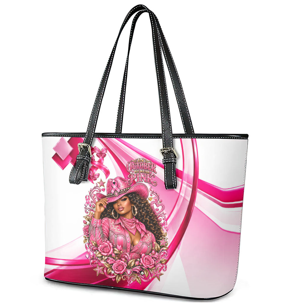 Black Cowgirl Breast Cancer Awareness Leather Tote Bag Western Pink Ribbon Butterfly Rose - In October We Wear Pink