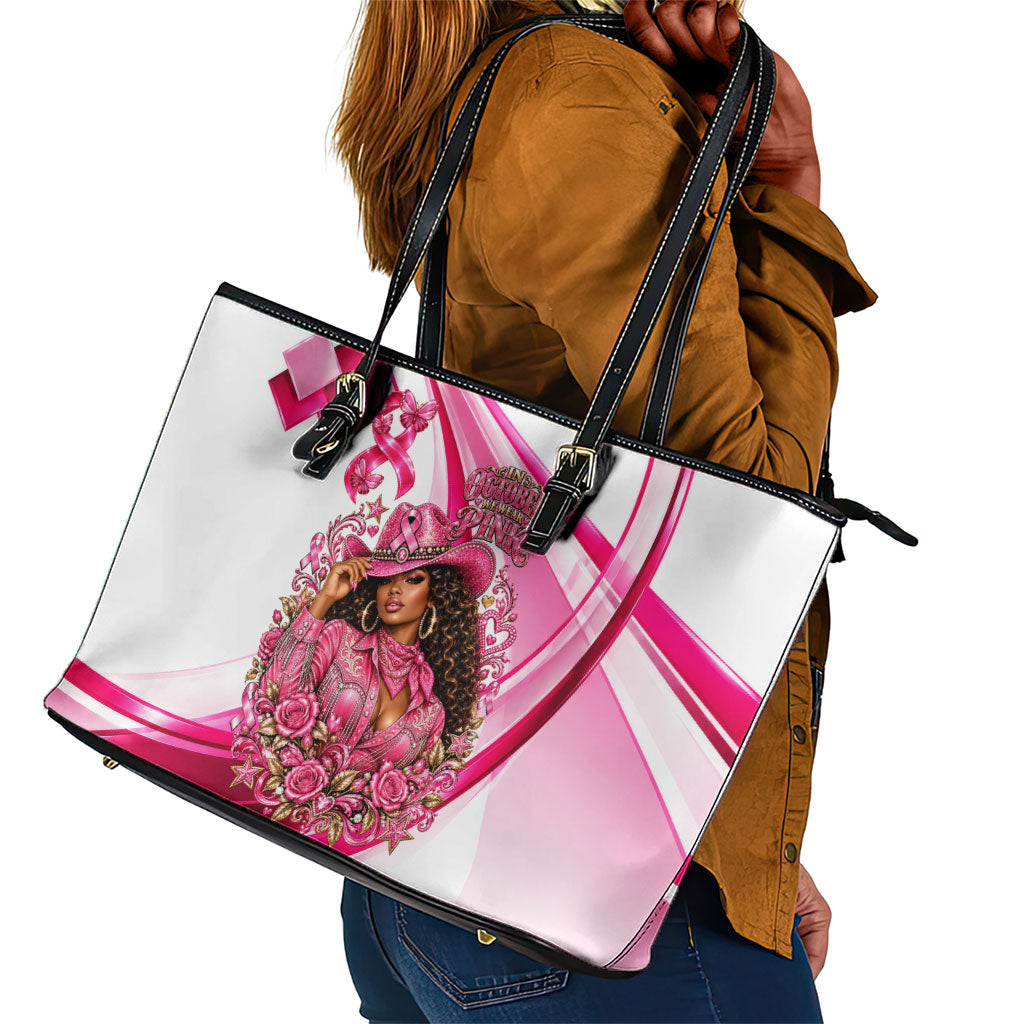 Black Cowgirl Breast Cancer Awareness Leather Tote Bag Western Pink Ribbon Butterfly Rose - In October We Wear Pink