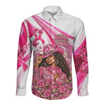 Black Cowgirl Breast Cancer Awareness Long Sleeve Button Shirt Western Pink Ribbon Butterfly Rose - In October We Wear Pink