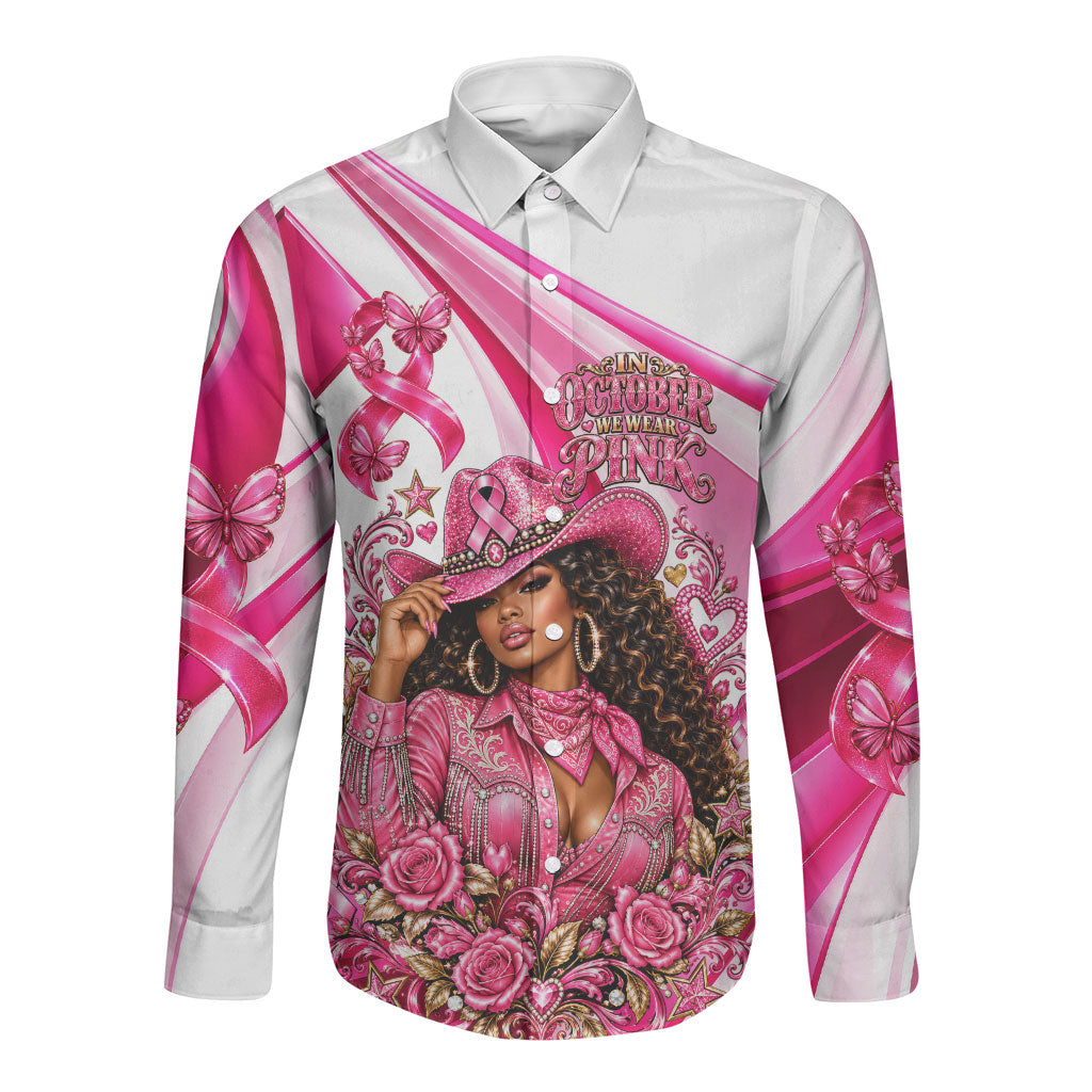 Black Cowgirl Breast Cancer Awareness Long Sleeve Button Shirt Western Pink Ribbon Butterfly Rose - In October We Wear Pink