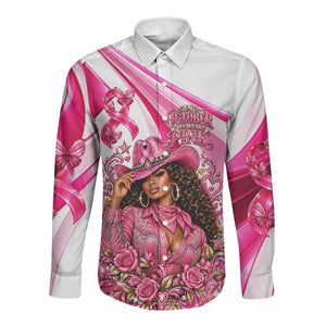 Black Cowgirl Breast Cancer Awareness Long Sleeve Button Shirt Western Pink Ribbon Butterfly Rose - In October We Wear Pink