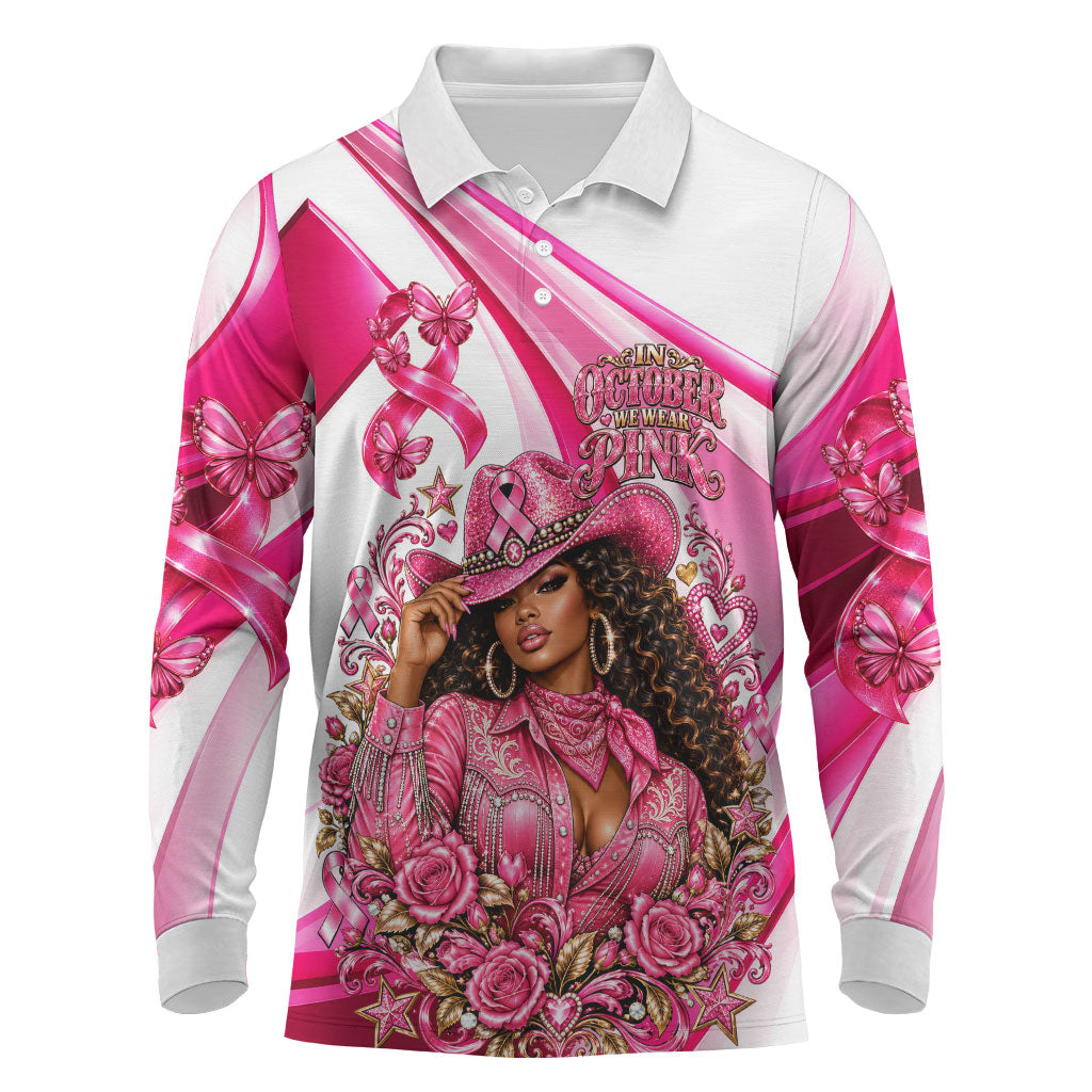 Black Cowgirl Breast Cancer Awareness Long Sleeve Polo Shirt Western Pink Ribbon Butterfly Rose - In October We Wear Pink