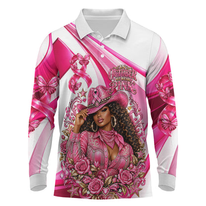 Black Cowgirl Breast Cancer Awareness Long Sleeve Polo Shirt Western Pink Ribbon Butterfly Rose - In October We Wear Pink