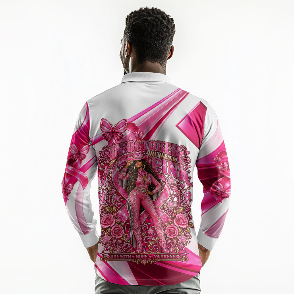 Black Cowgirl Breast Cancer Awareness Long Sleeve Polo Shirt Western Pink Ribbon Butterfly Rose - In October We Wear Pink