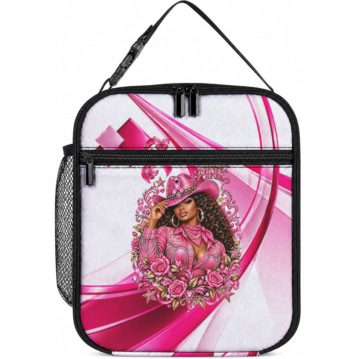 Black Cowgirl Breast Cancer Awareness Lunch Bag Western Pink Ribbon Butterfly Rose - In October We Wear Pink