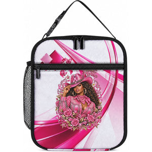Black Cowgirl Breast Cancer Awareness Lunch Bag Western Pink Ribbon Butterfly Rose - In October We Wear Pink