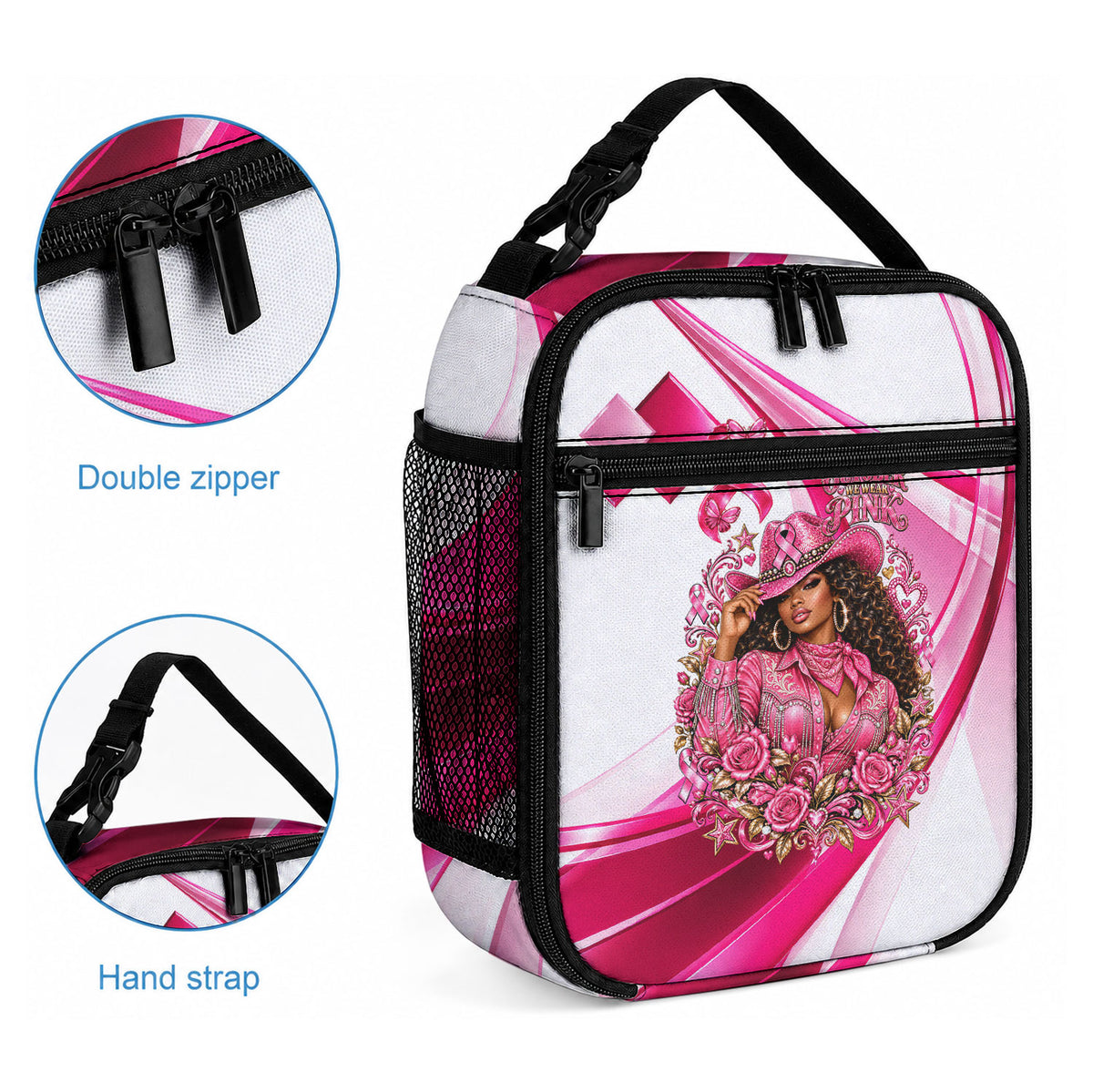 Black Cowgirl Breast Cancer Awareness Lunch Bag Western Pink Ribbon Butterfly Rose - In October We Wear Pink