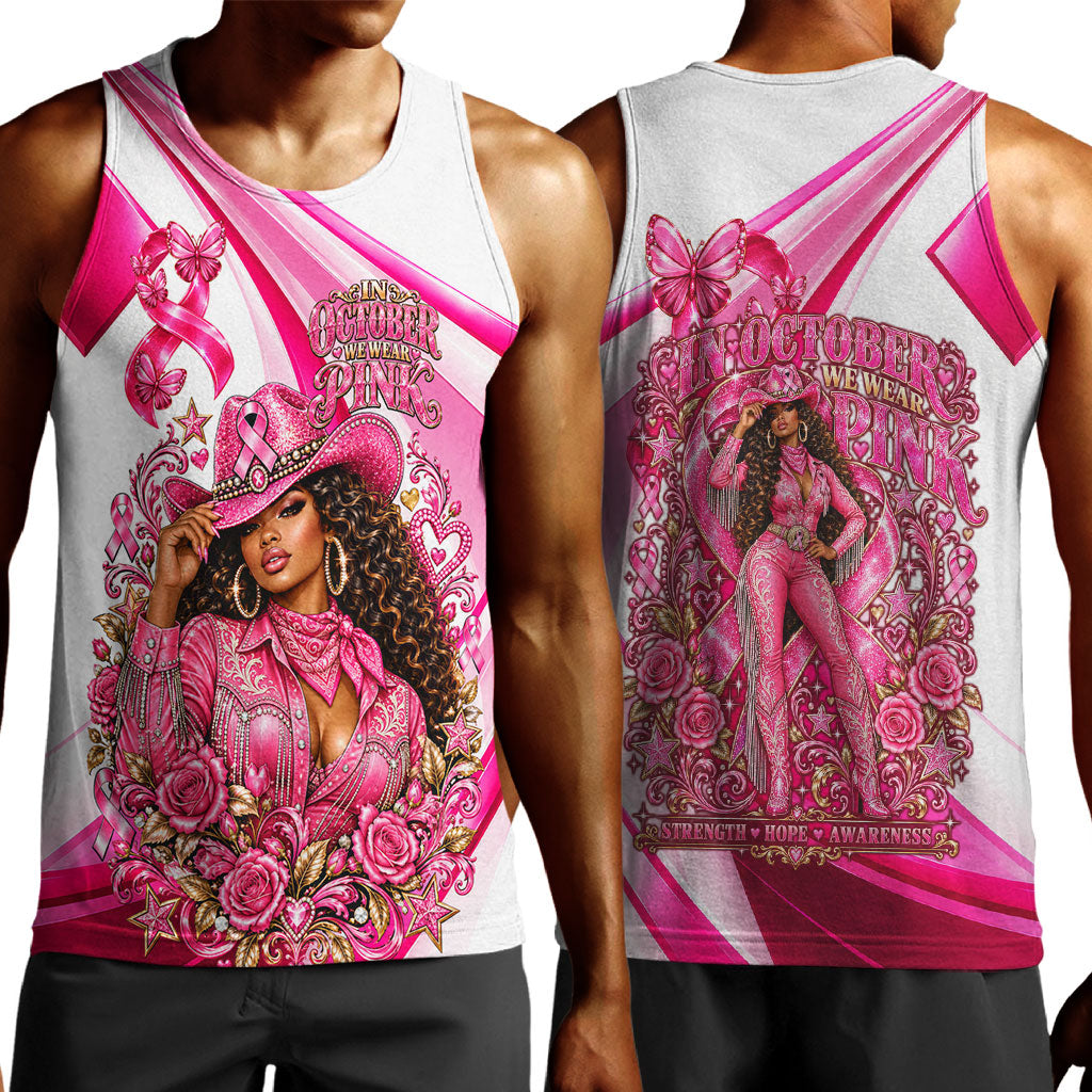 Black Cowgirl Breast Cancer Awareness Men Tank Top Western Pink Ribbon Butterfly Rose - In October We Wear Pink