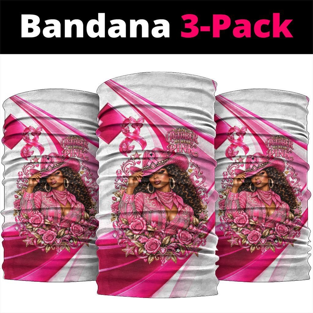 Black Cowgirl Breast Cancer Awareness Neck Gaiter Western Pink Ribbon Butterfly Rose - In October We Wear Pink