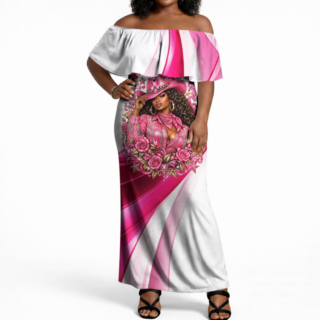 Black Cowgirl Breast Cancer Awareness Off Shoulder Maxi Dress Western Pink Ribbon Butterfly Rose - In October We Wear Pink