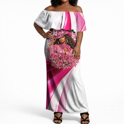 Black Cowgirl Breast Cancer Awareness Off Shoulder Maxi Dress Western Pink Ribbon Butterfly Rose - In October We Wear Pink