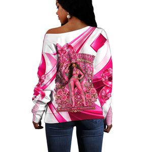 Black Cowgirl Breast Cancer Awareness Off Shoulder Sweater Western Pink Ribbon Butterfly Rose - In October We Wear Pink