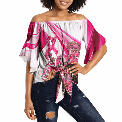 Black Cowgirl Breast Cancer Awareness Off Shoulder Wrap Waist Top Western Pink Ribbon Butterfly Rose - In October We Wear Pink
